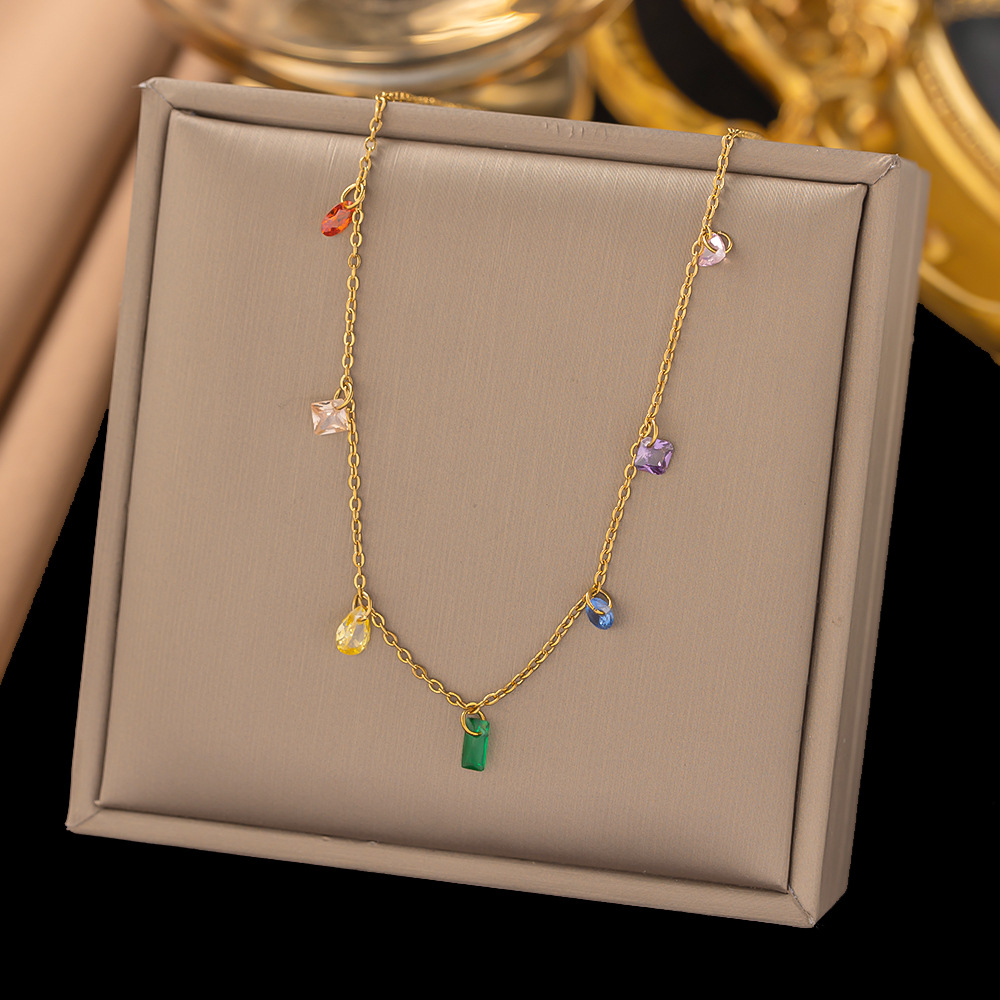 Cross-border wholesale Korean style girl Summer rainbow colored diamond necklace versatile handmade bracelet titanium steel 18K gold pendant