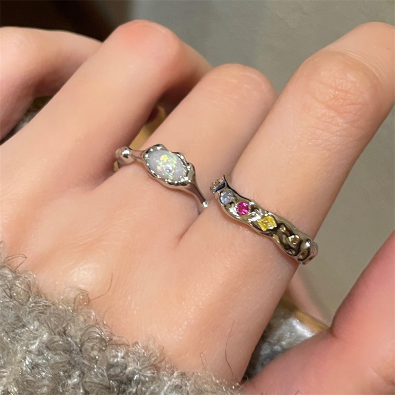 Light Luxury Simple Colorful Ring Female Stylish Niche Cold Style Rainbow Combination Opening Women's Colorful Diamond Index Finger Ring