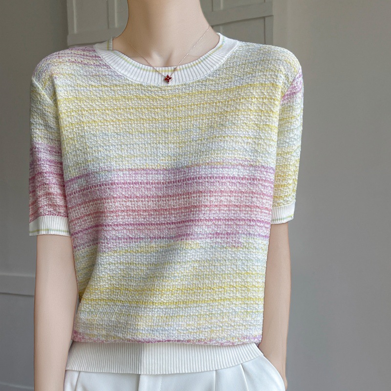 Rainbow Dream~Dopamine Gradient Flower Yarn Tencel Silk Knitted Short-Sleeved T-Shirt Temperament Shirt Women's 2025 New Style