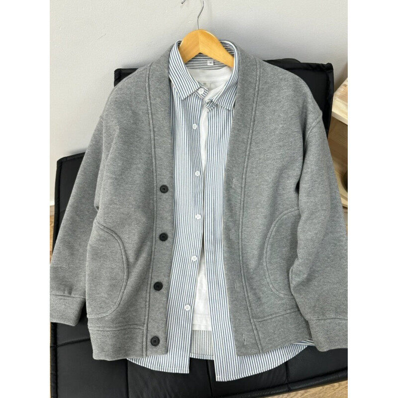 2025 Spring New Japanese Style Lazy Style Solid Color Waffe Knitted Cardigan for Men and Women Couple Casual Sweater Jacket
