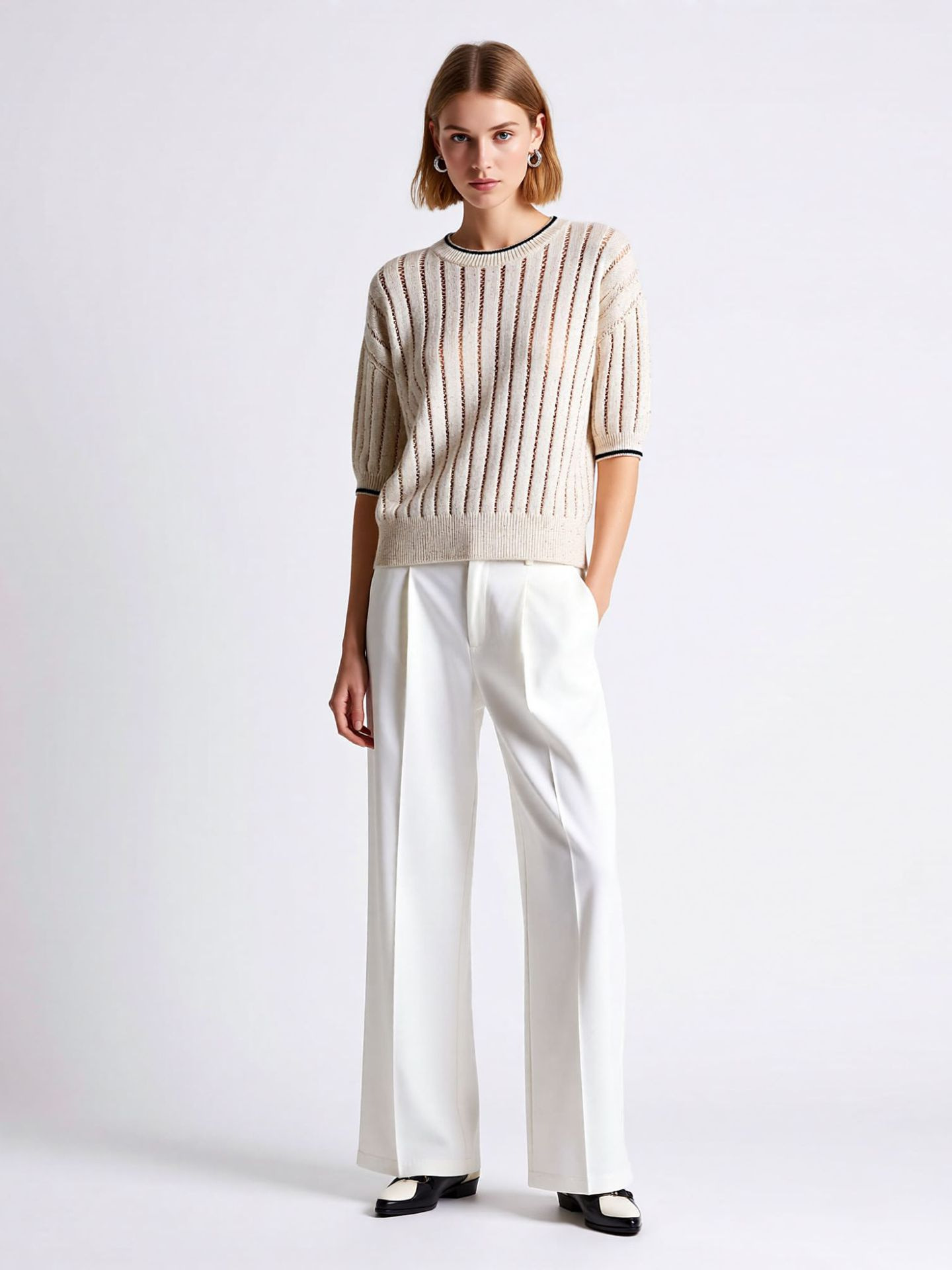 Bc Same Style Tencel Linen Light Luxury Old Money Style Knitwear for Women, New Summer Hollow-Out Sequin Round Neck Short-Sleeve Top