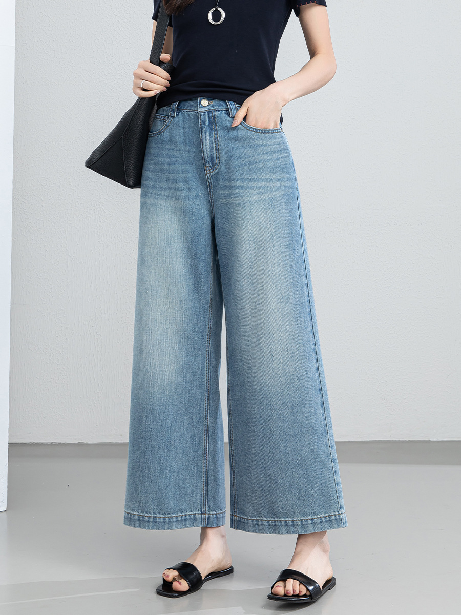 Xingge High-Waisted Tencel Jeans for Women, Drapey Nine-Point Straight Wide-Leg Pants, Summer Comfortable Slimming Thin Style for Petite Figures