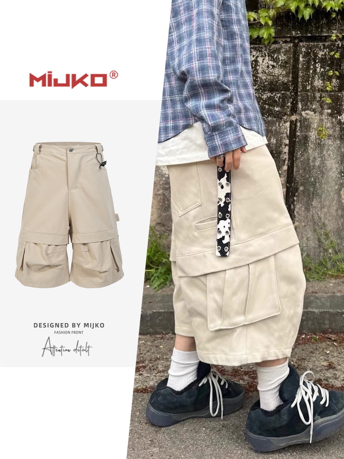 Mijko Men's and Women's Spring/Summer New Workwear Multi-Pocket Unisex Three-Dimensional Pleated Curved Hem Cropped Pants