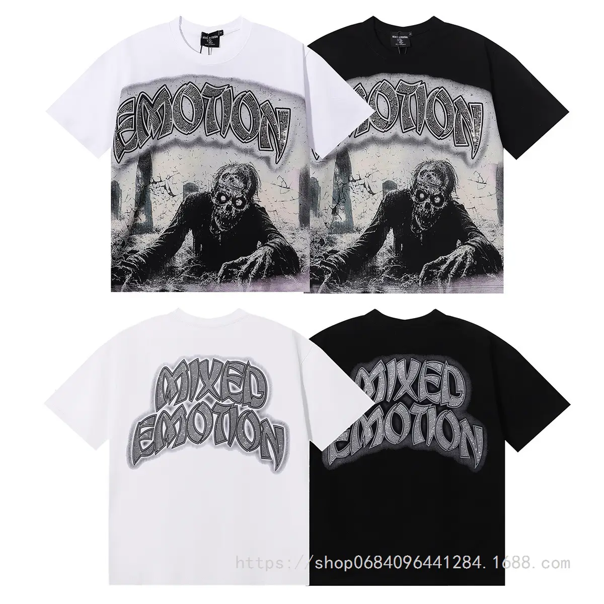 Mixed Emotion Trendy Street Retro Skull Hot Diamond Letter Print Men's and Women's Loose Trendyy Short-Sleeved T-Shirts