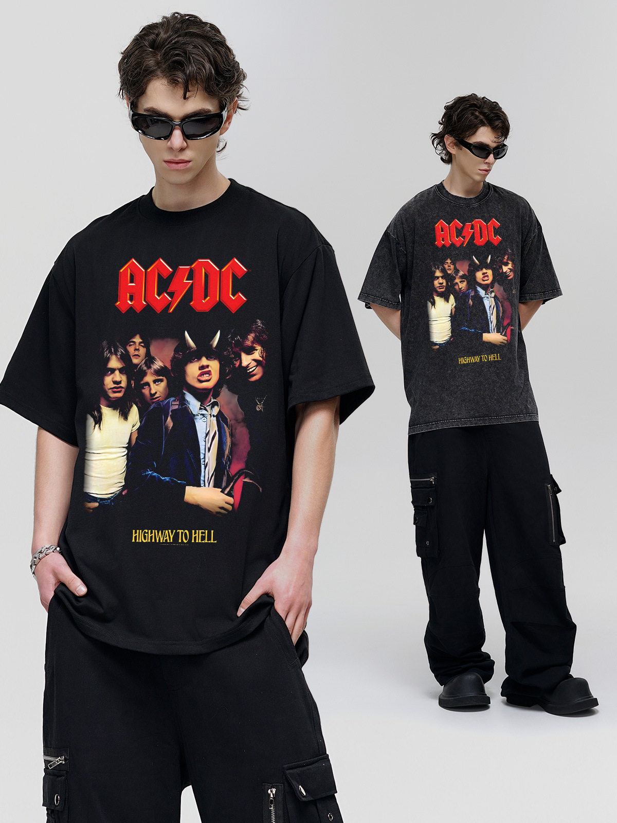 ACDC Band Cross-border Couple American Style Retro Men's Summer Heavy Half-sleeve Loose T-shirt Short-sleeve Washed Old