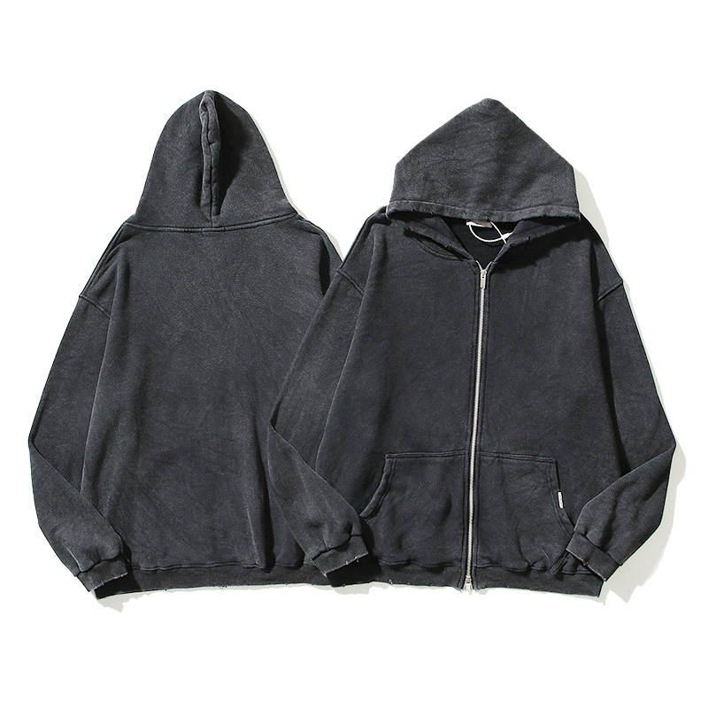 Cross-Border Autumn and Winter Rp Series Blank High Street Retro Washed Distressed Cut Zipper Hooded Sweatshirt Terry Jacket