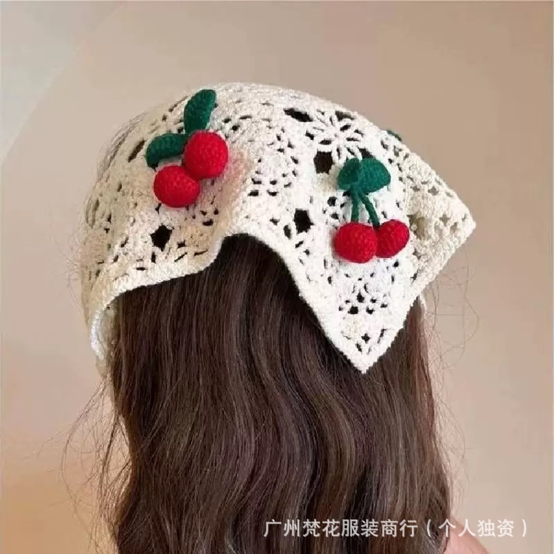 Korean Style Ins Cute Sweet Cherry Hollow Triangle Scarf Handmade Knitted Hair Band Silk Scarf Women's 2024 New Style Headscarf