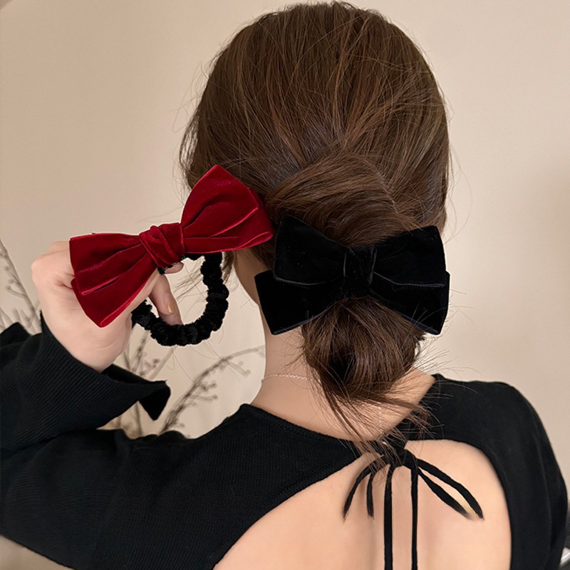 Elegant Velvet Bow Small Intestinal Hair Band Women's High Elastic Hair Band Headband 2025 New Style Hair Rope Headwear