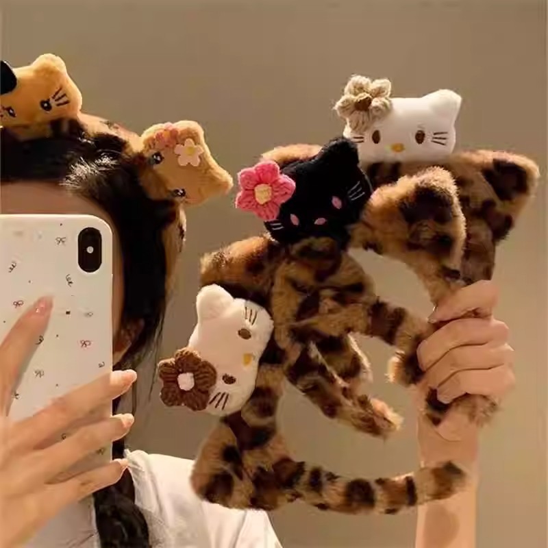 Cute Cat Sauce ~ Black Skin Kitty Cat Ears Leopard Plush Hair Hoop Female Face Wash Makeup Headband Cartoon Hair Accessories