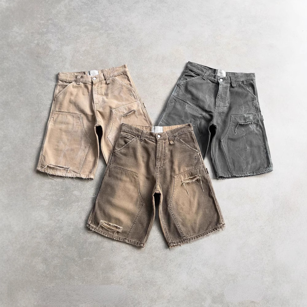 Reaven Cross-Border European and American Summer Hip-Hop Washed Denim Shorts Men's Y2K Retro Ripped Loose Shorts Jorts
