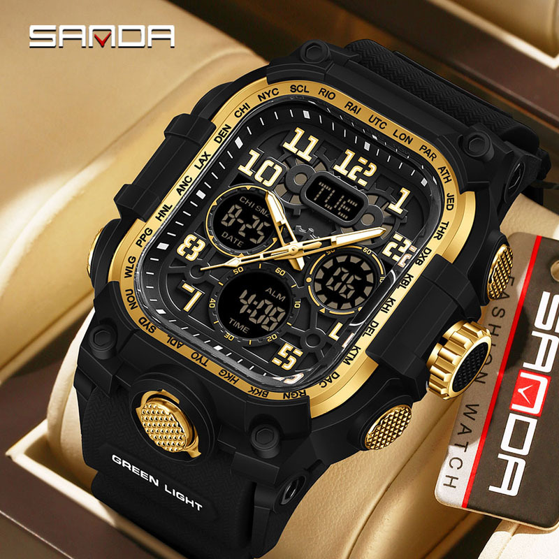 Sanda Trendy Multi-Functional Watch for Students, Outdoor Sports Dual Display Watch, Three Time Zones, Snooze Function, Waterproof Watch for Men