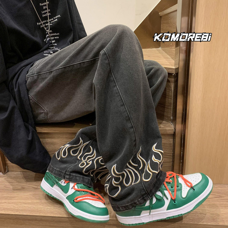 Pants high street ins fashionable jeans men's spring and autumn American retro loose wide-leg pants fashionable brand Ruan handsome straight trousers