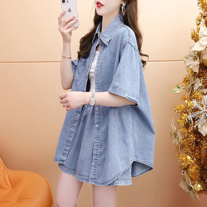 Retro Sweet and Spicy Style Short-Sleeved Denim Shirt Women's Shorts Two-Piece Set Summer New Korean Style Loose and Versatile Fashion Trend