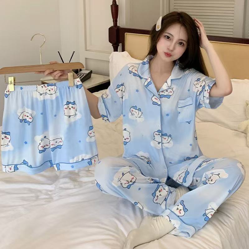 Japanese-Style Chiikawa Pajamas for Women, Short-Sleeve Three-Piece Set, Summer Fresh Girl's Loungewear
