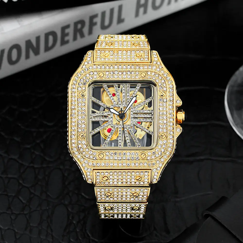 ICE BLING Super Flash Full Diamond Fashion Square Men's Mechanical Watch Hollow Hip Hop Full Diamond Quartz Watch
