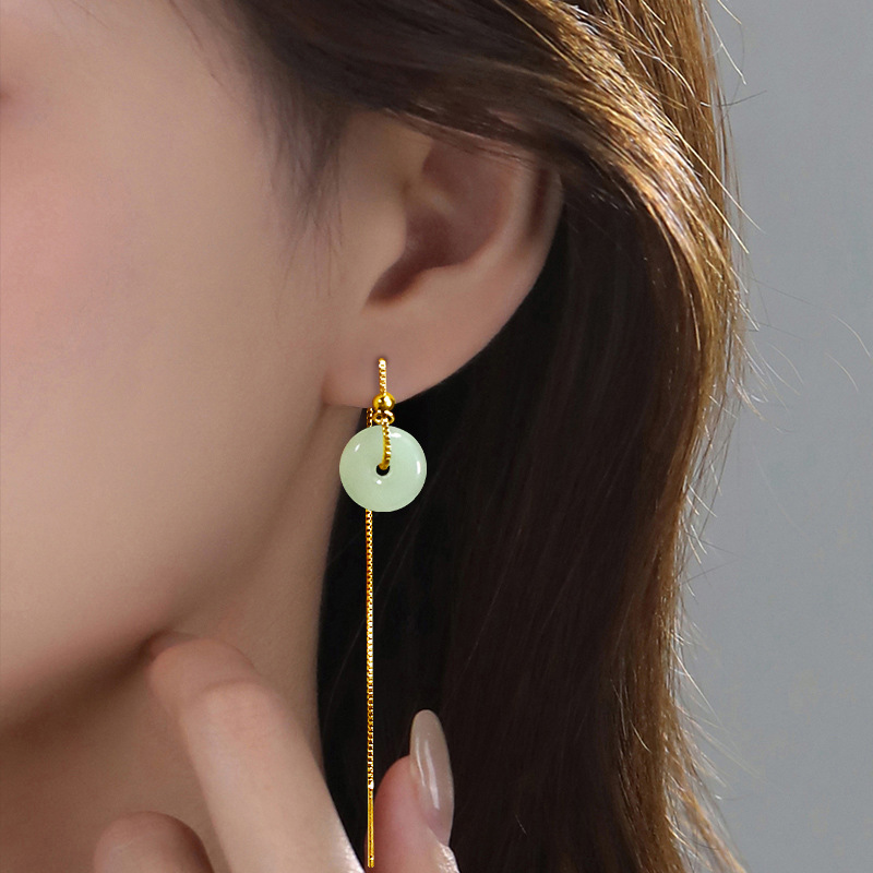Hetian Jade Ping An Buckle Ear Line Hanfu Wen Wan Xiaojiayu Guochao Tassel Ear Chain Round Bead Jade Long Earrings