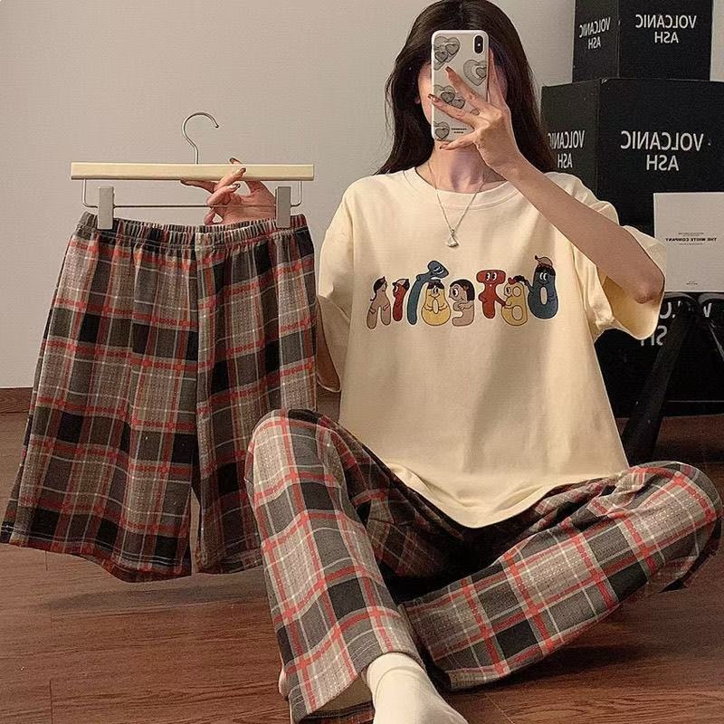 2025 New Women's Summer Thin Pajamas Japanese Style Short-Sleeve Long Pants Three-Piece Set Loungewear Summer Letter Print