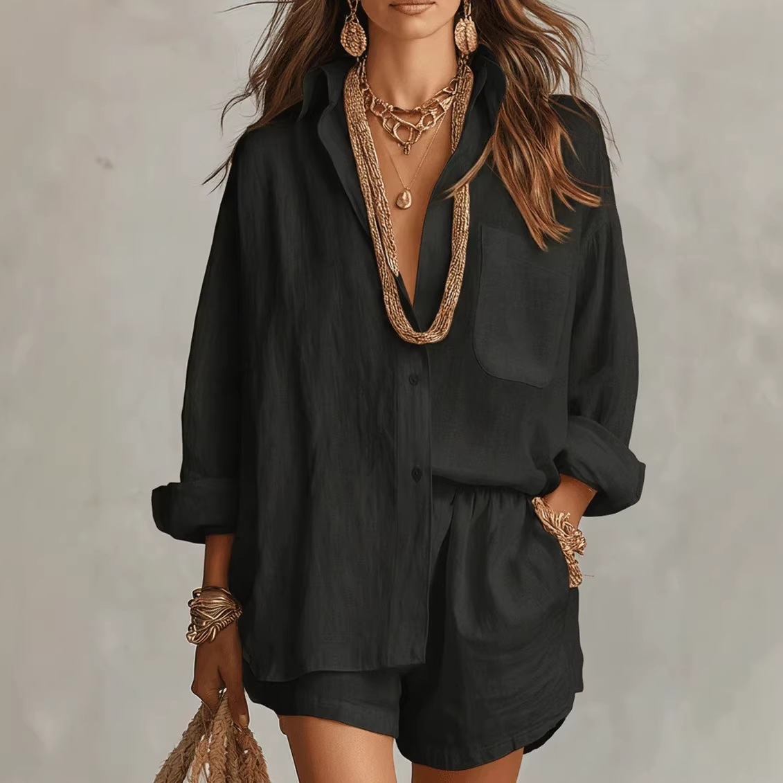 Amazon's 2026 Spring and Summer New European and American Cross-Border Lazy Style Shirt Set, Fashionable Solid Color Shorts Two-Piece Set for Women