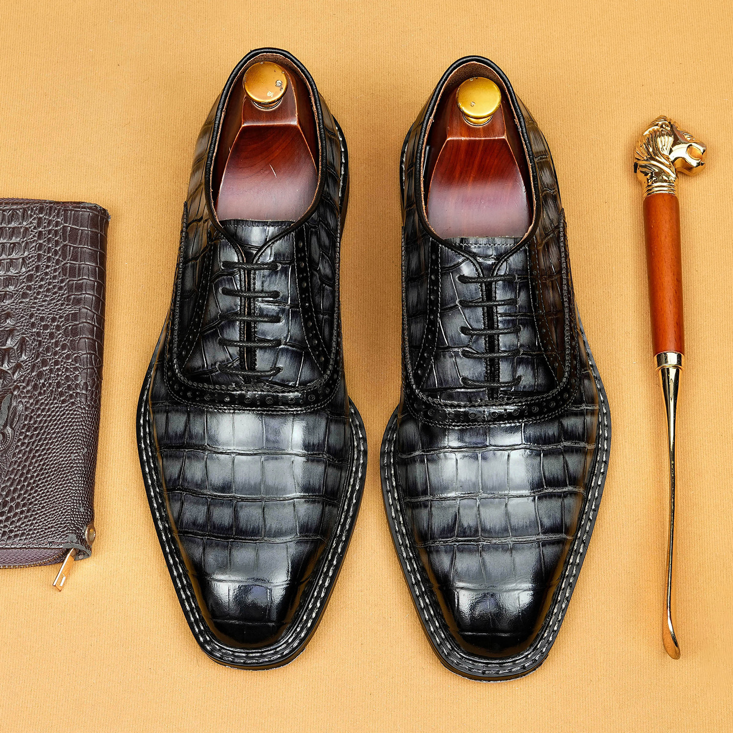 2026 New High-End Crocodile Pattern Oxford Shoes for Men, First-Layer Cowhide, Hand-Colored, British Style Business Formal Leather Shoes