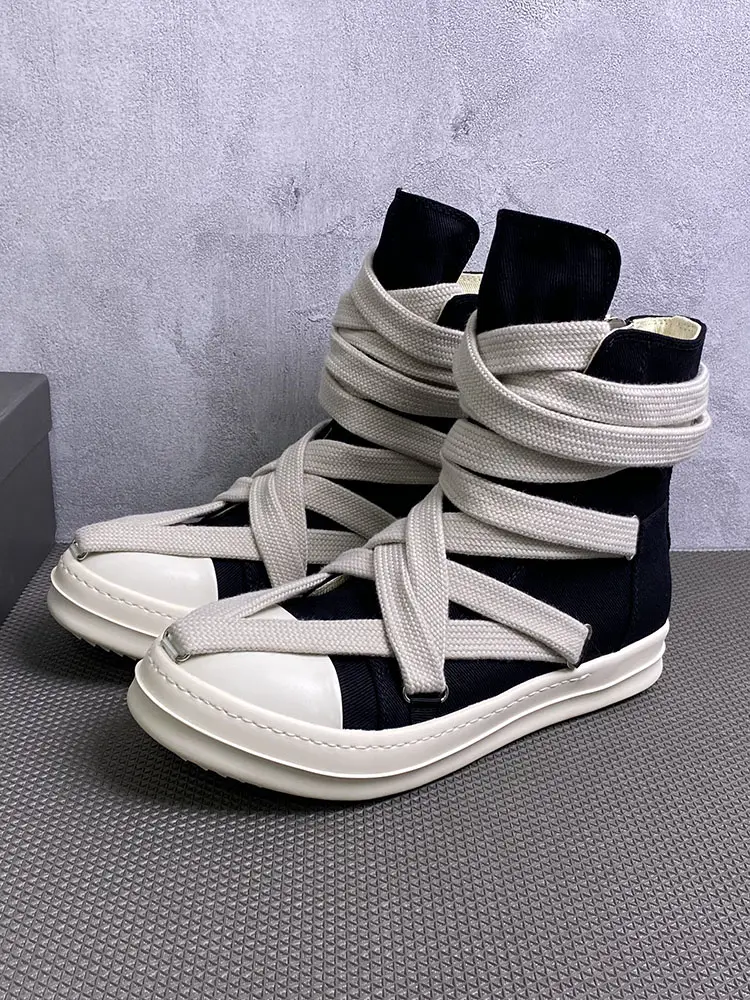 2024 New Arrival Pentagram Thick Shoelace Ro High-Top Canvas Shoes Men's Height Increasing Lovers Shoes Thick Sole Board Shoes Short Boots Women