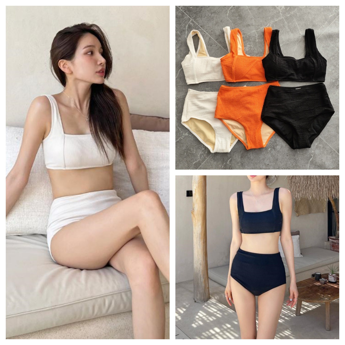 3 Color manufacturer 2024 South Korea new hot spring solid color swimsuit small chest push up high waist split swimsuit female bikini