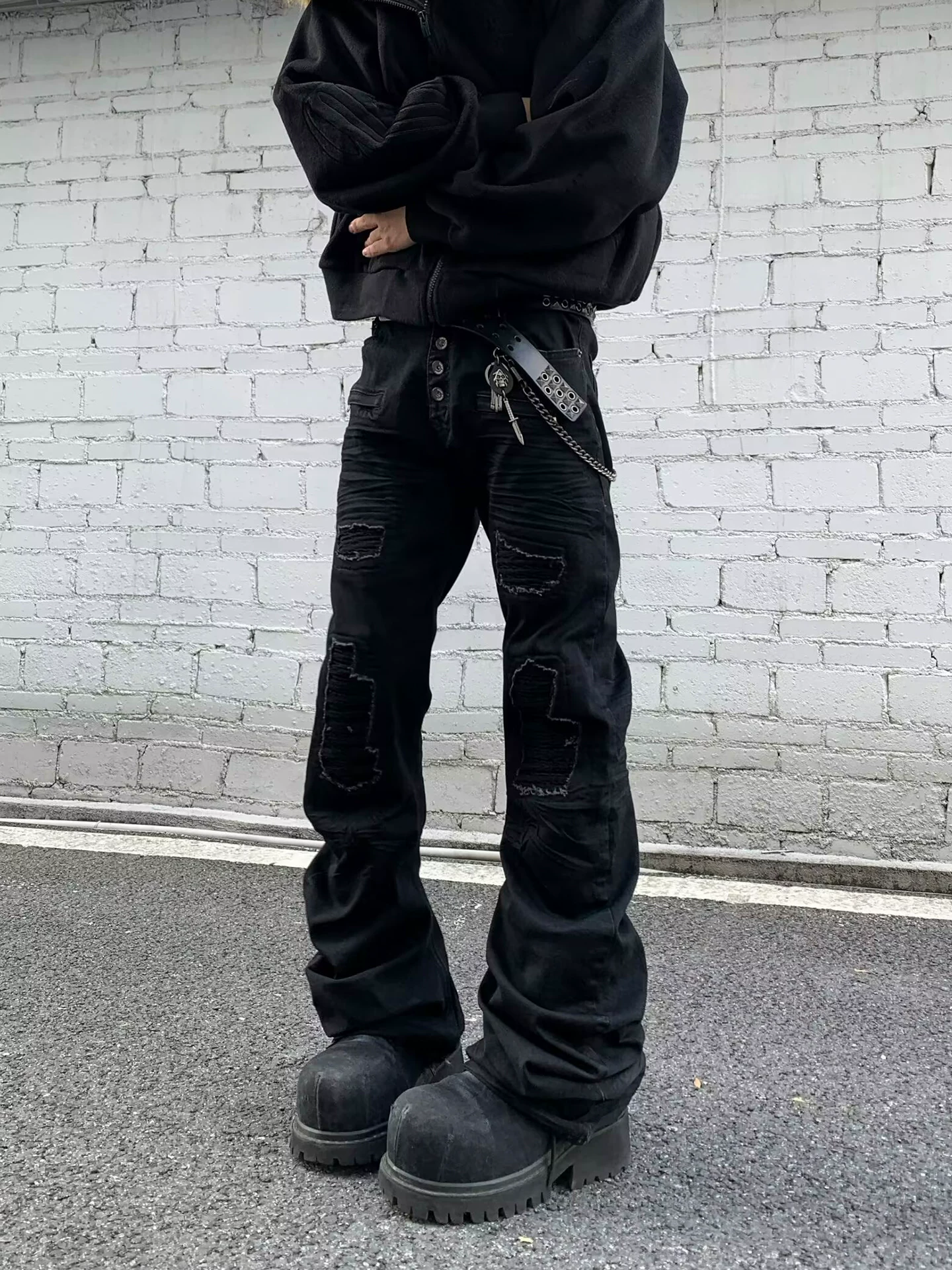 Ro Style Punk Style Heavy-Duty Flared Ripped Knife-Cut Stacked Denim Jeans for Men Vibe Niche Bootcut Trousers