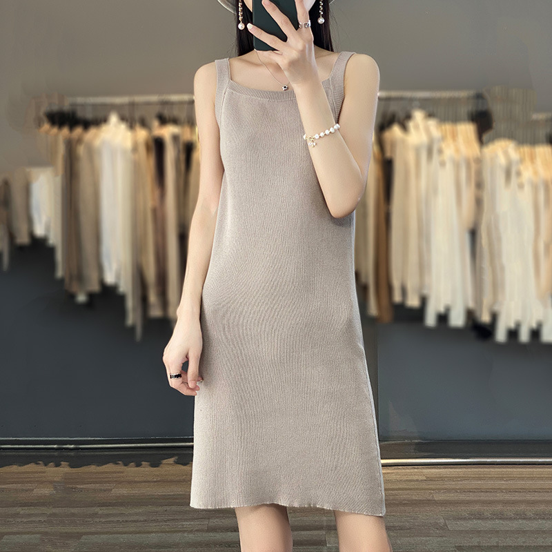Fashionable Simple Solid Color Square Collar Sleeveless Slip Dress Loose Slimming Line New Knitted Base Midi Dress for Women