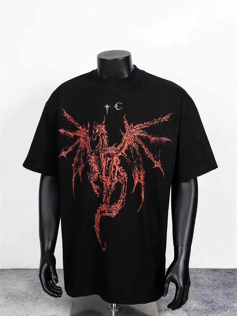 Thug Club Star and Moon Dragon Print T-Shirt High Street Style Hip-Hop Trendy Brand Metal Buckle Logo Unisex Short-Sleeve T-Shirt