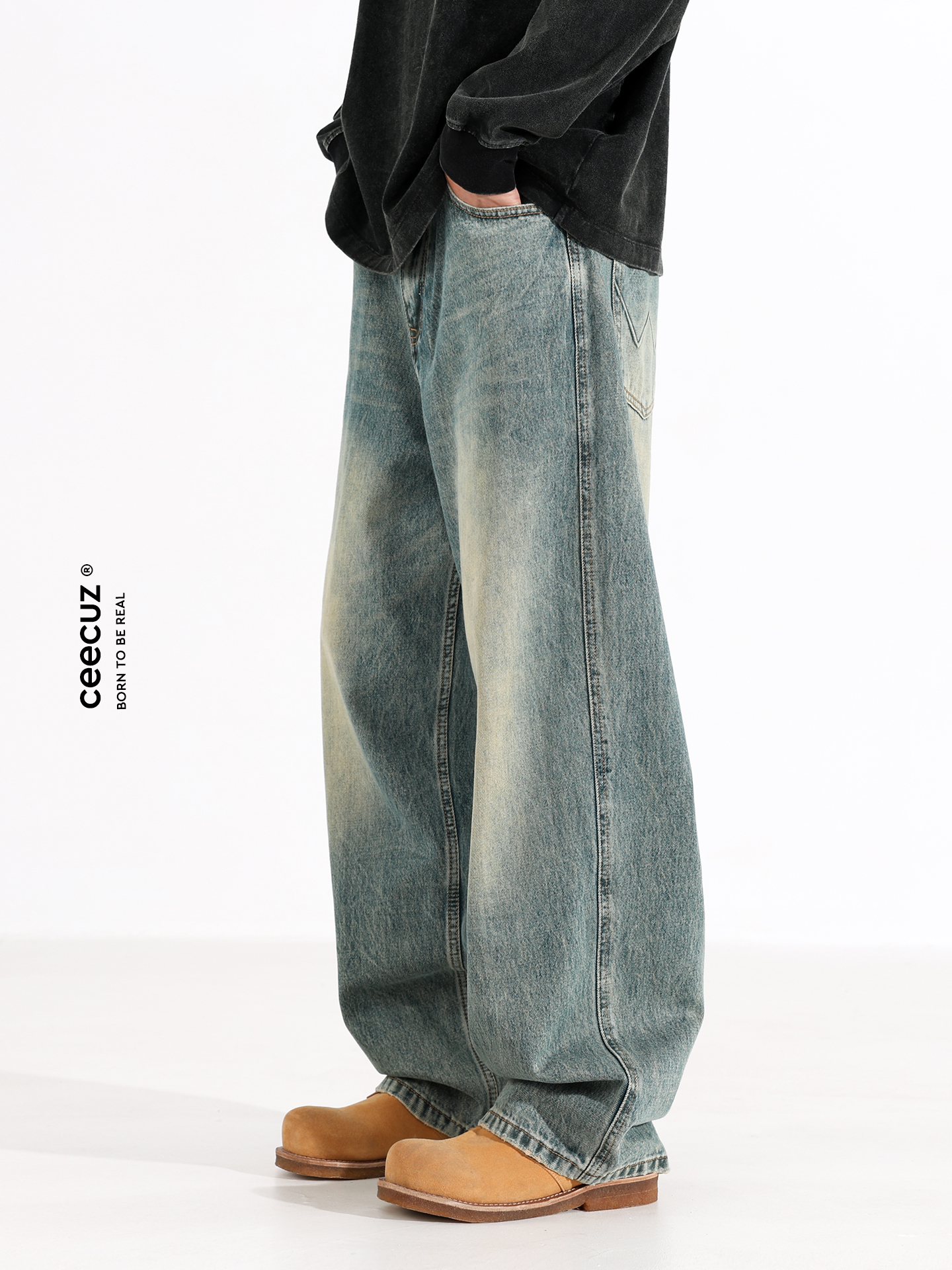 Ceecuz Retro Vintage Washed Jeans Men's American Style Loose Beggy Wide-Leg Casual Long Pants