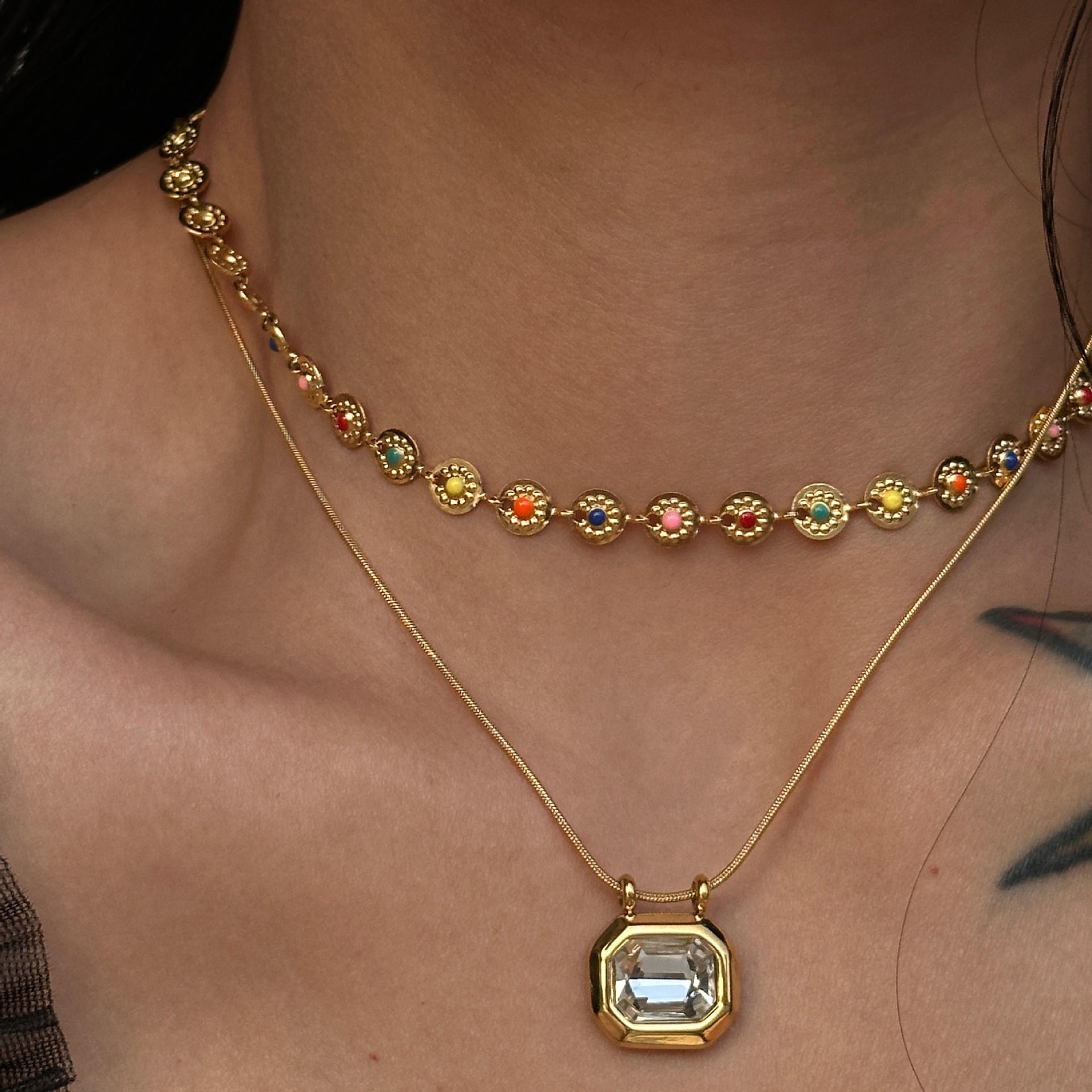 Dazan European and American Style Personalized Fashion Layered Retro Ins Titanium Steel Colorful Sun Double-Sided Resin Necklace Set