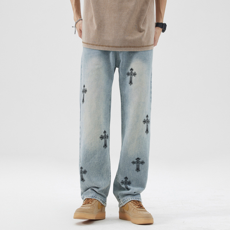 2026 American-Style Workwear High Street Fashion Brand Straight Loose Pants Printed Retro Jeans Men's Wide-Leg Floor-Length Pants