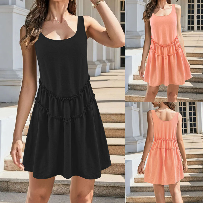 2025 Amazon Cross-Border Export Lace Sleeveless Dress Women's Summer Sweet and Clear Pure Color Beach Vest Dress