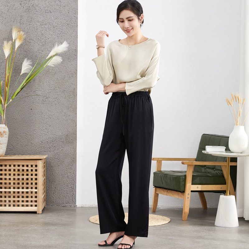 Crepe De Chine Silk Casual Pants for Women 2024 Spring and Autum Mulberry Silk Straight Wide Leg Pants Loose Black Floor Mopping Pants Draped
