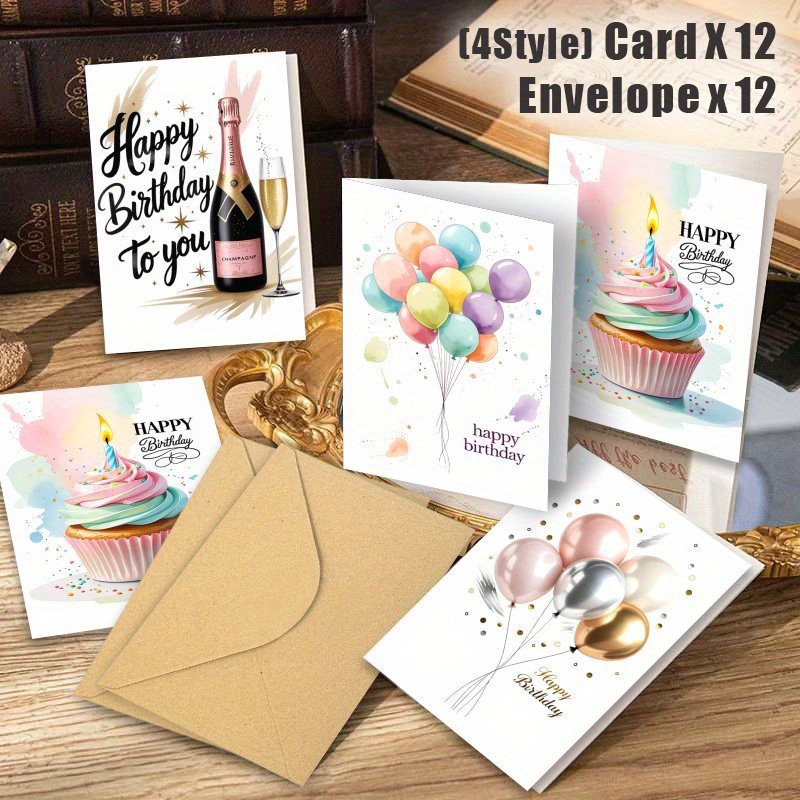 Amazon Cross-Border Birthday Card Set 12Pcs Watercolor Balloon Birthday Cake Greeting Cards with Envelopes Blessing Cards