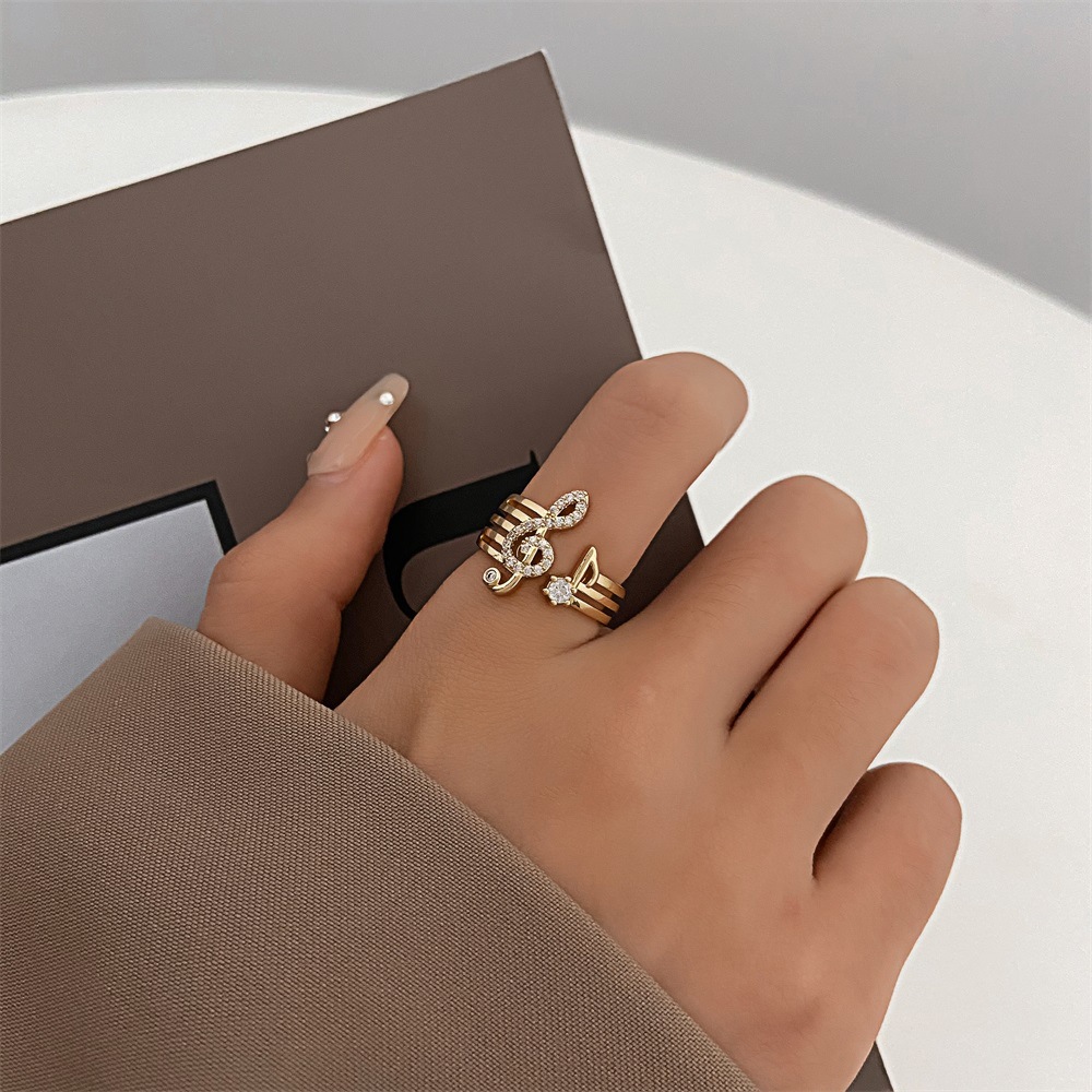 European and American Fashion Micro-Paved Zircon Music Symbol Ring Korean Style Open Copper Ring Personalized Hand Jewelry Wholesale