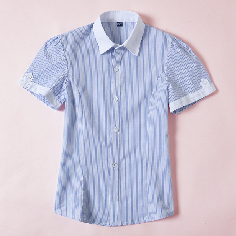 Girls' Cotton Striped Shirt Summer Primary School Students' Table Performance School Uniform Children's Blue Short-sleeved Puff-sleeved Shirt