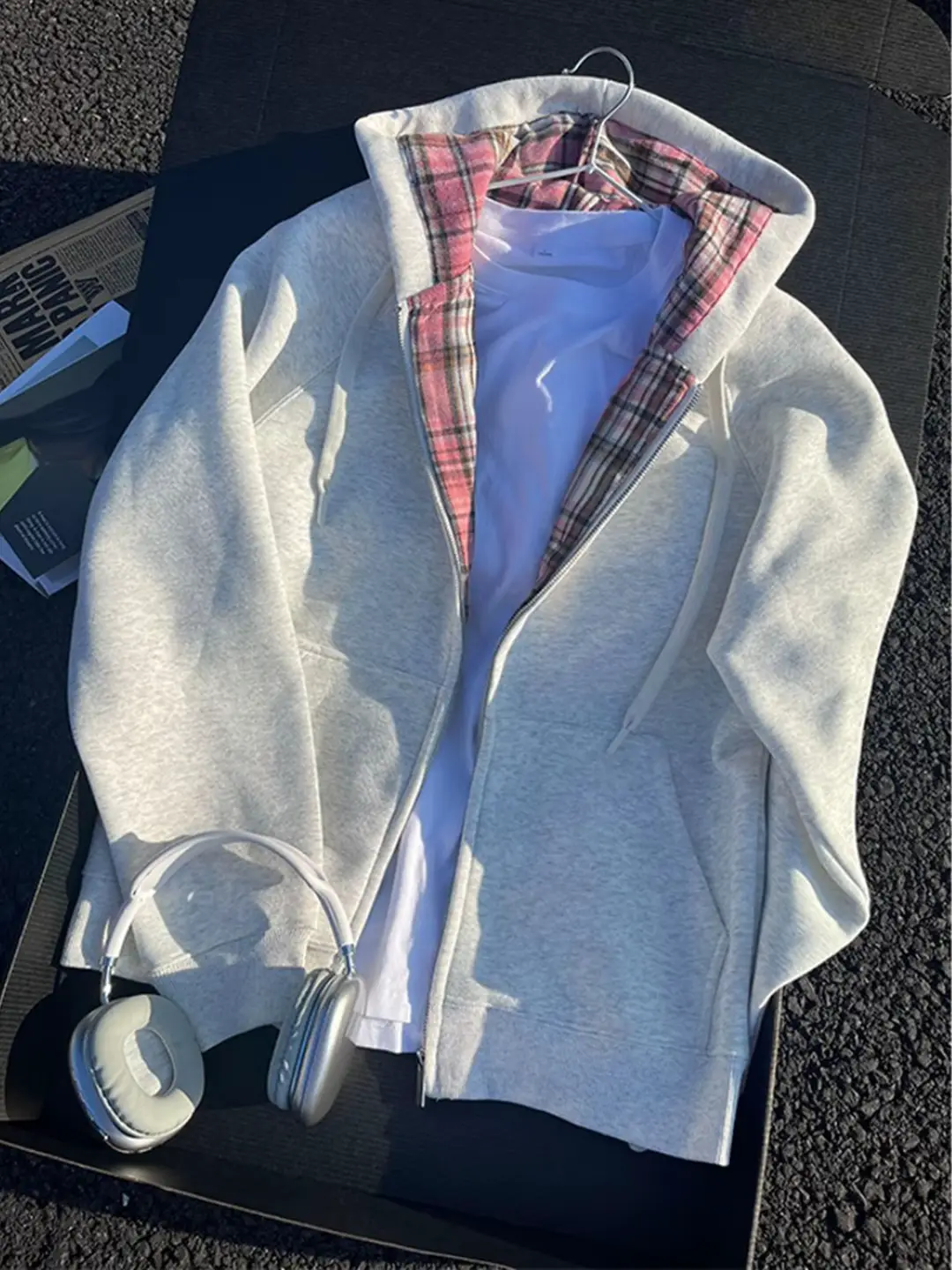 Patchwork Plaid Gray Heavyweight Hooded Sweatshirt for Men, Autumn American Retro Couple's Jacket, Casual Zip-Up Cardigan