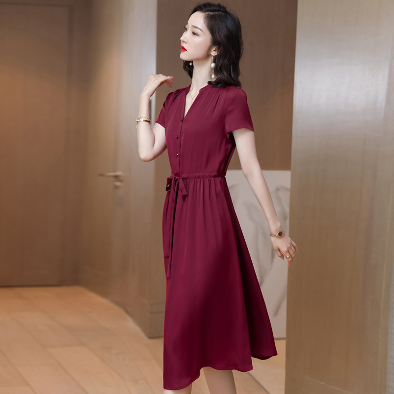 2320 Heavyweight Silk Dress Summer New Style Satin Mulberry Silk Solid Color V-Neck Short-Sleeved Mid-Length Dress