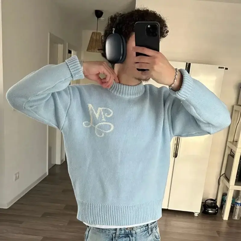 Cross-Border American Trendy Street Knitted Jacquard Letter Hook Pattern Top Long-Sleeved Men's and Women's Loose Warm Versatile Sweater
