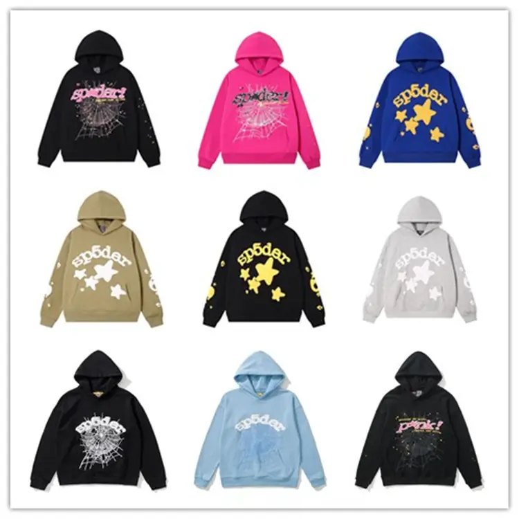 Trendy Unisex 555555 Spider Web Foam Print Hip-Hop Loose Fleece Hoodie Set