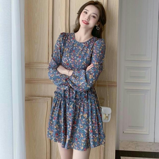 Super fairy small slimming floral dress female 2024 spring Sweet long sleeve elegant waist tight skirt trendy cross-border