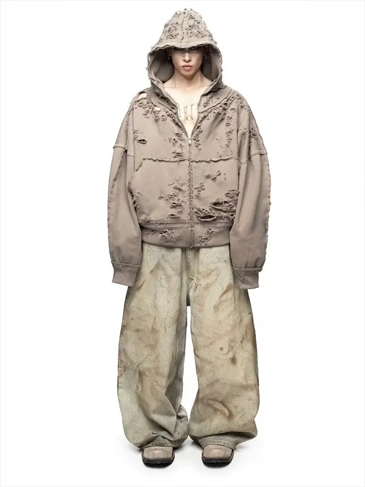 Foreign Oem】Latui Atelier Park Chae Young's Same Style Dirty-Dyed Distressed Baggy Denim Pants