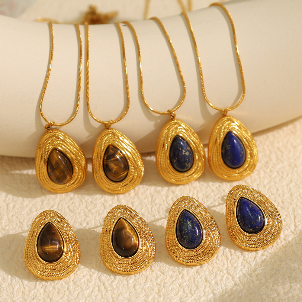 New French Retro Maillard Autumn and Winter Tiger Eye Stone Necklace Personality Temperament All-match Simple Jewelry suit Women