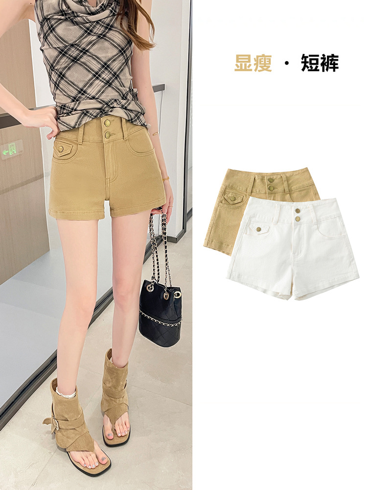 Retro Khaki High-Waisted Denim Shorts for Women, Summer Slim-Fit, Flattering, Hot Girl Style, Petite Straight-Cut Hot Pants