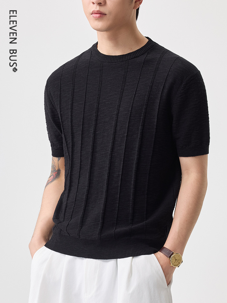 Elegant and Mature Striped Black Ice Silk Knitted Short-Sleeve T-Shirt for Men, 2026 Spring/Summer Casual Men's Clothing