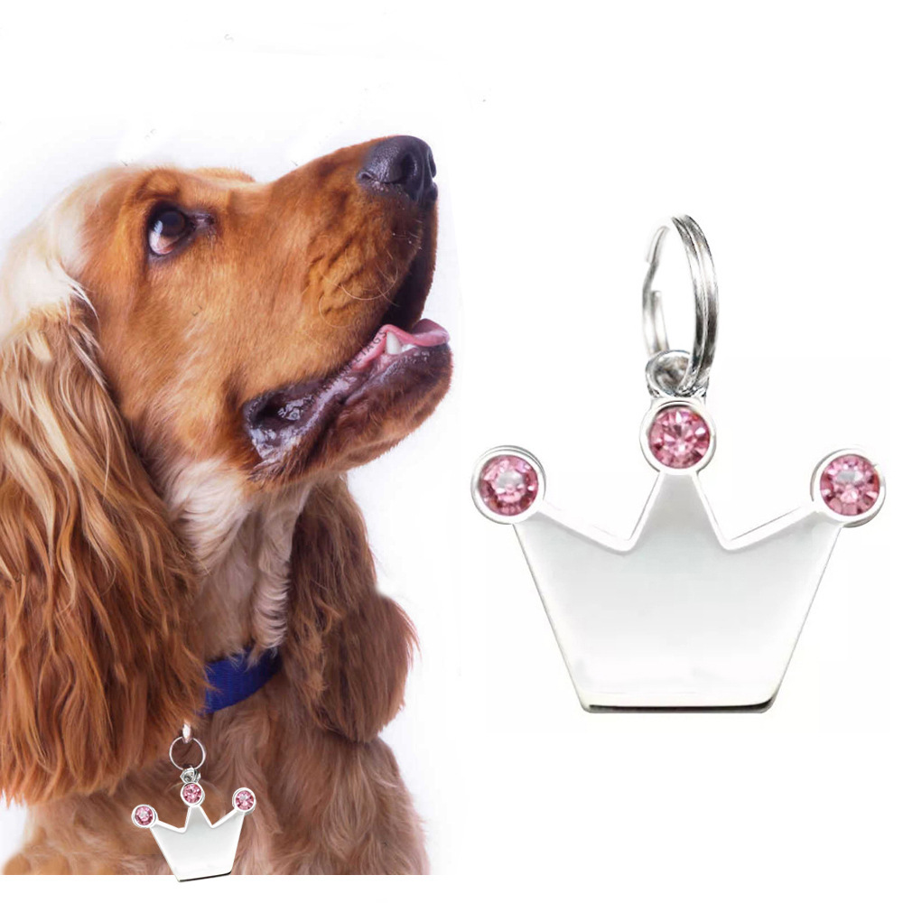 Cross-Border Spot Crown Rhinestone Tag Pet Collar Jewelry Identity Information Laser Engraving Cat and Dog Tag Military Tag