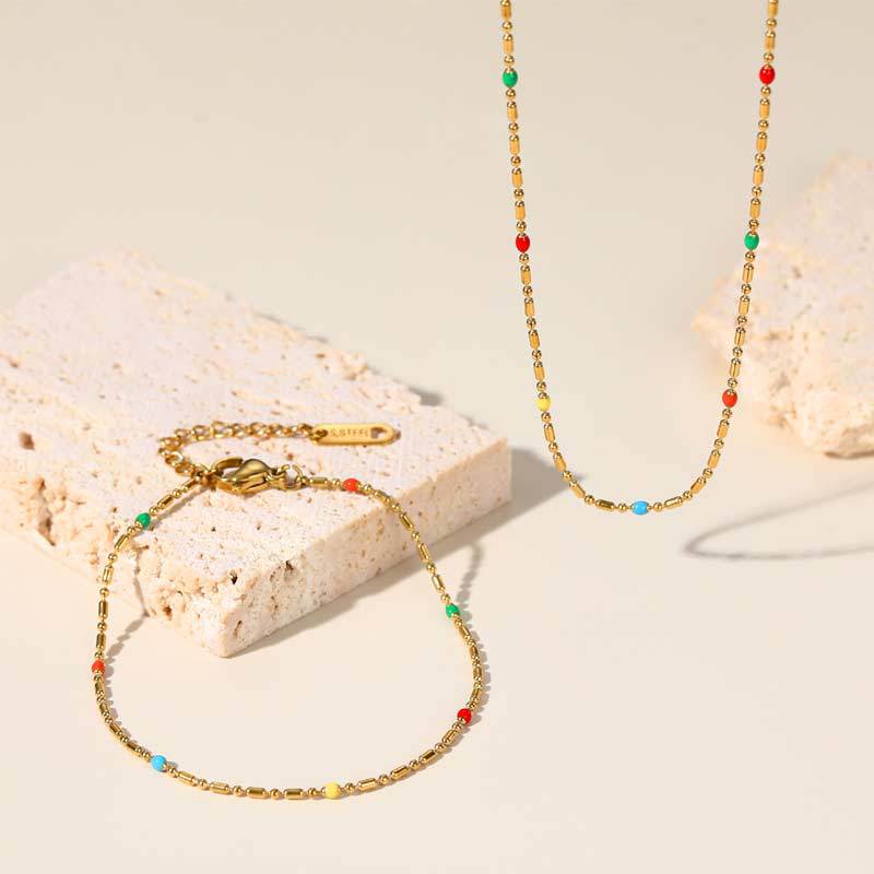 Colorful Oil-Drip Seed Bead Versatile Necklace, 18K Real Gold Plated Stainless Steel Bracelet, Bohemian Jewelry Set Wholesale