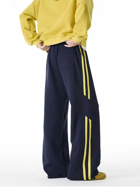 American-Style Navy Blue Stripes Sports Sweatpants for Men Autum Teenagers Easiest for match Casual Pants Drape Loose Straight-Leg Pants