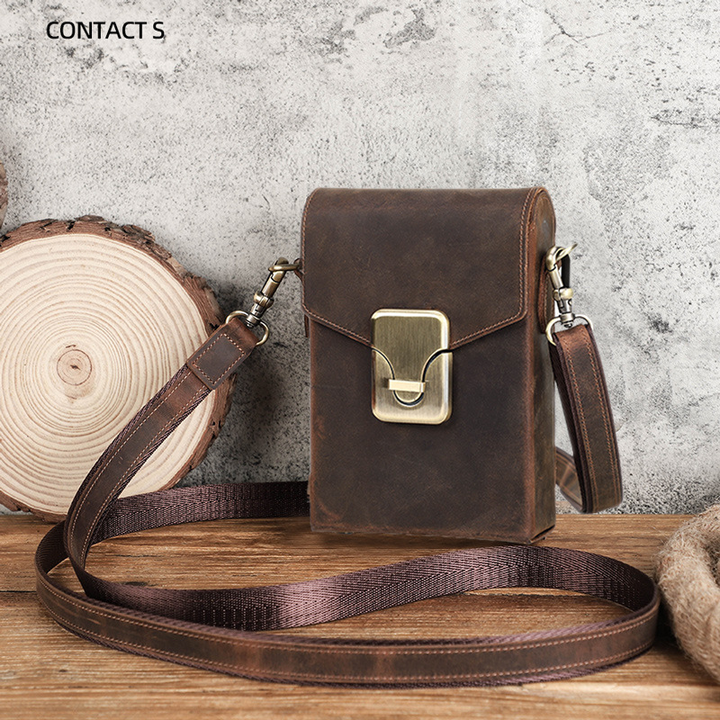 Black Angel Retro Crazy Horse Cowhide Fashion Trend Lock Men's Shoulder Crossbody Bag Casual Men's Mobile Phone Bag