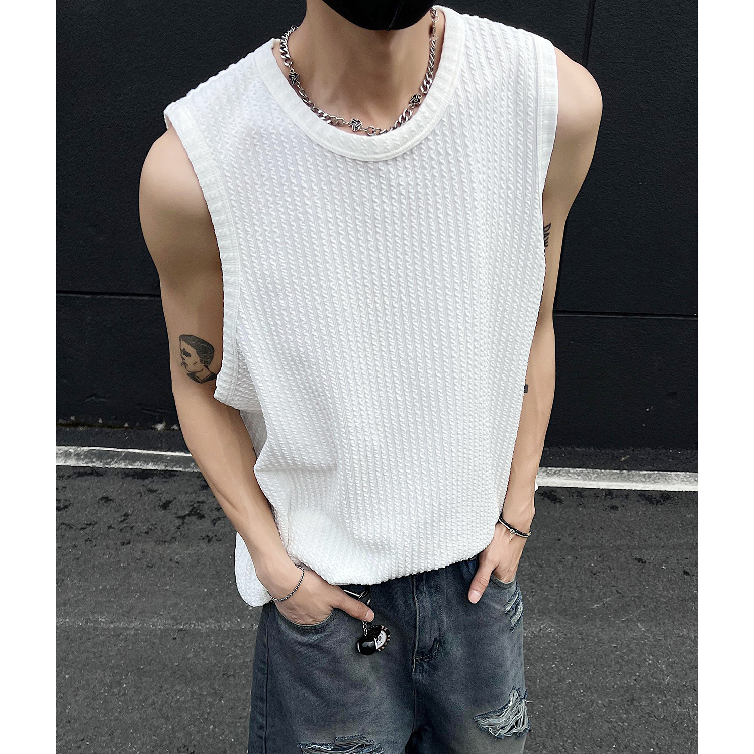 Summer Texture Casual Sleeveless T-Shirt Jacquard Waistcoat Men's Black All-match Loose Trendy Brand Planky Handsome Top